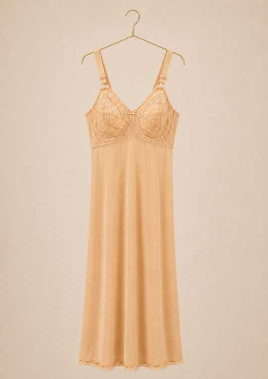 Long Slip: Wide Shoulder Strap Full Breast Lace Long Under Slip