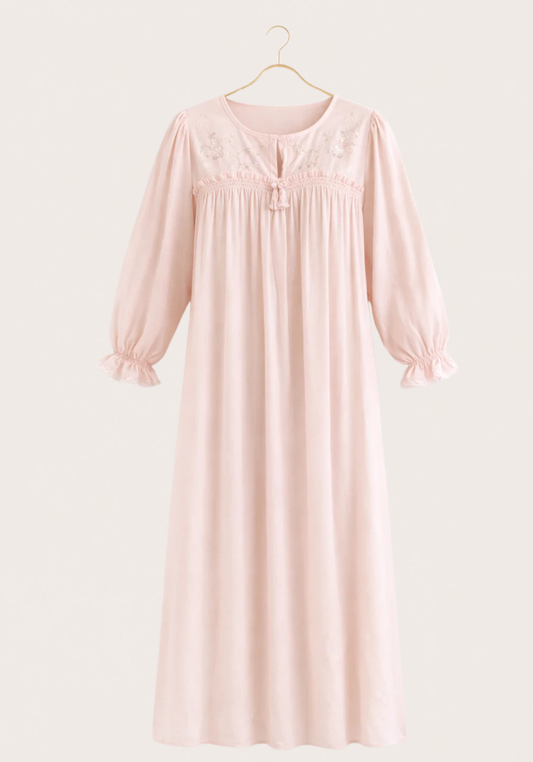 Woven Viscose Long Sleeves Long Nighty With Embroidery Detail