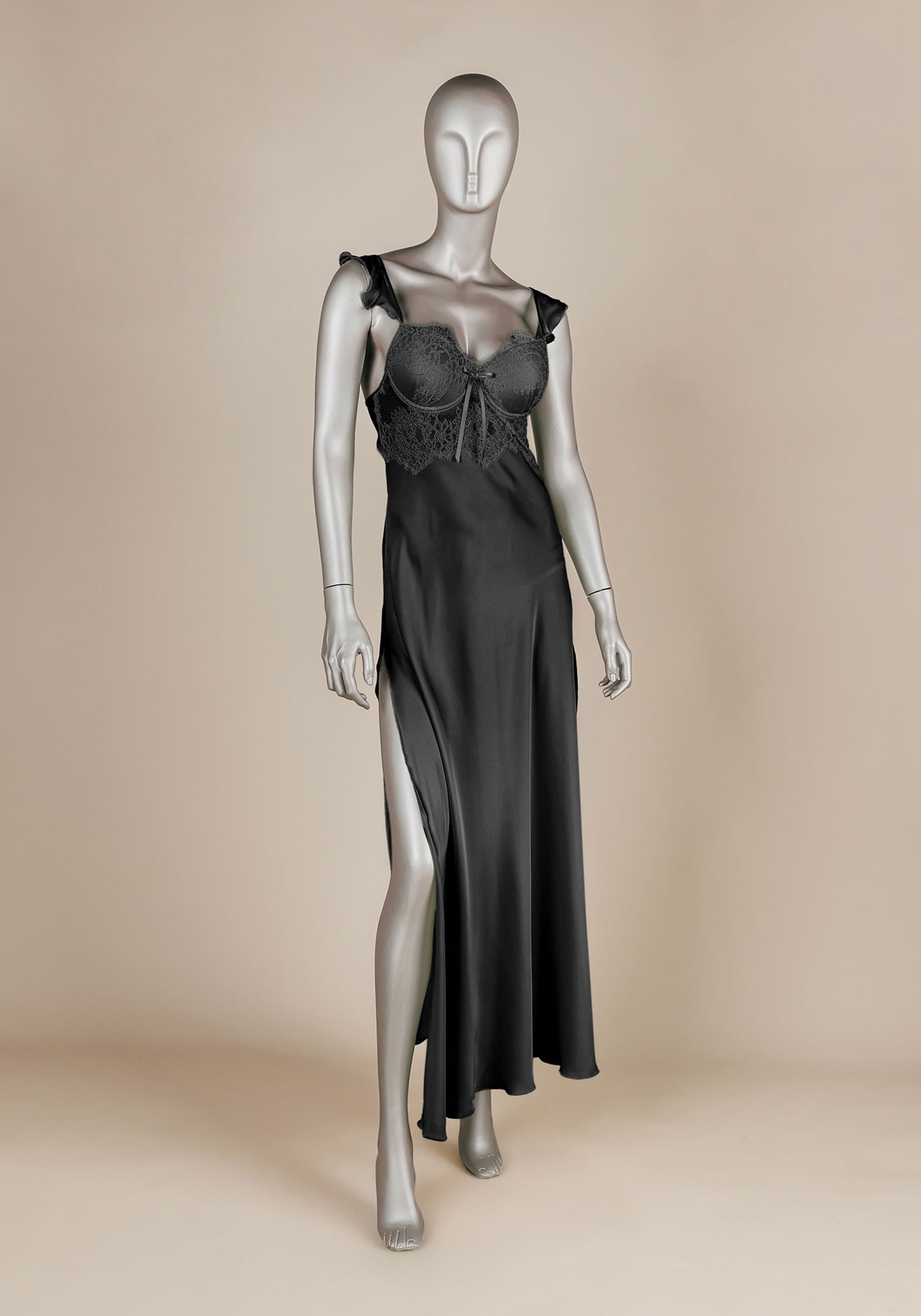 Lingerie Long Gown: Shoulder Ruffle Underwire Padded Lace Bra Satin Long Nighty With Side And Back Opening
