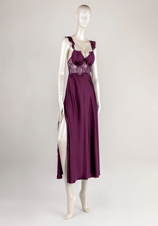 Lingerie Long Gown: Shoulder Ruffle Underwire Padded Lace Bra Satin Long Nighty With Side And Back Opening