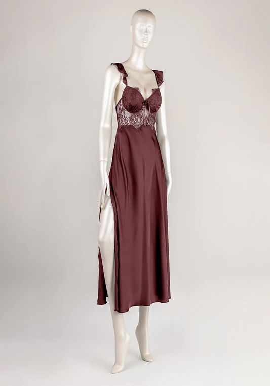 Lingerie Long Gown: Shoulder Ruffle Underwire Padded Lace Bra Satin Long Nighty With Side And Back Opening