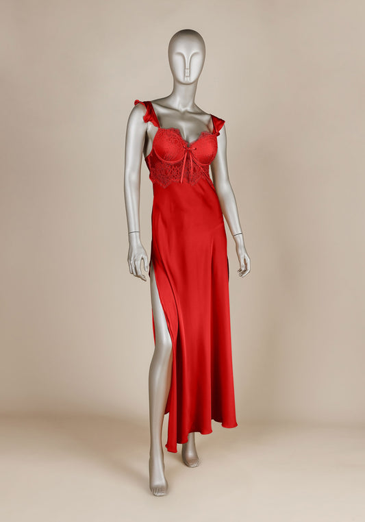 Satin Long Gown: Underwire Padded Lacae Bra Satin Long Nighty With Side Opening