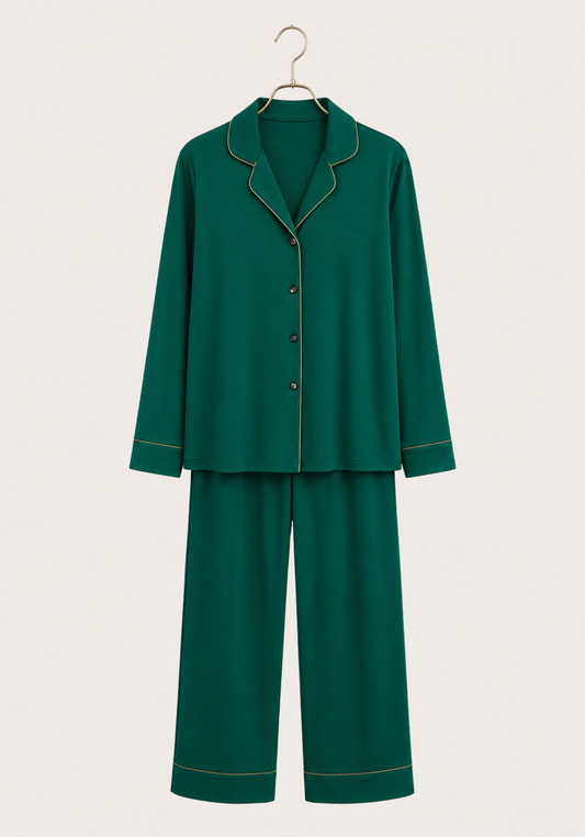 Modal Pajama: Collar Button Long Sleeve Top And Pants