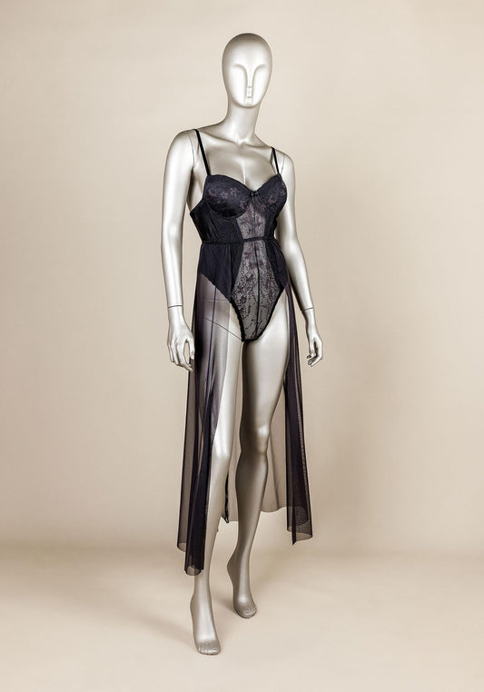 Bodysuit Long Gown: Underwire Lace Bra Bodysuit With Long Chiffon Open Front Nighty