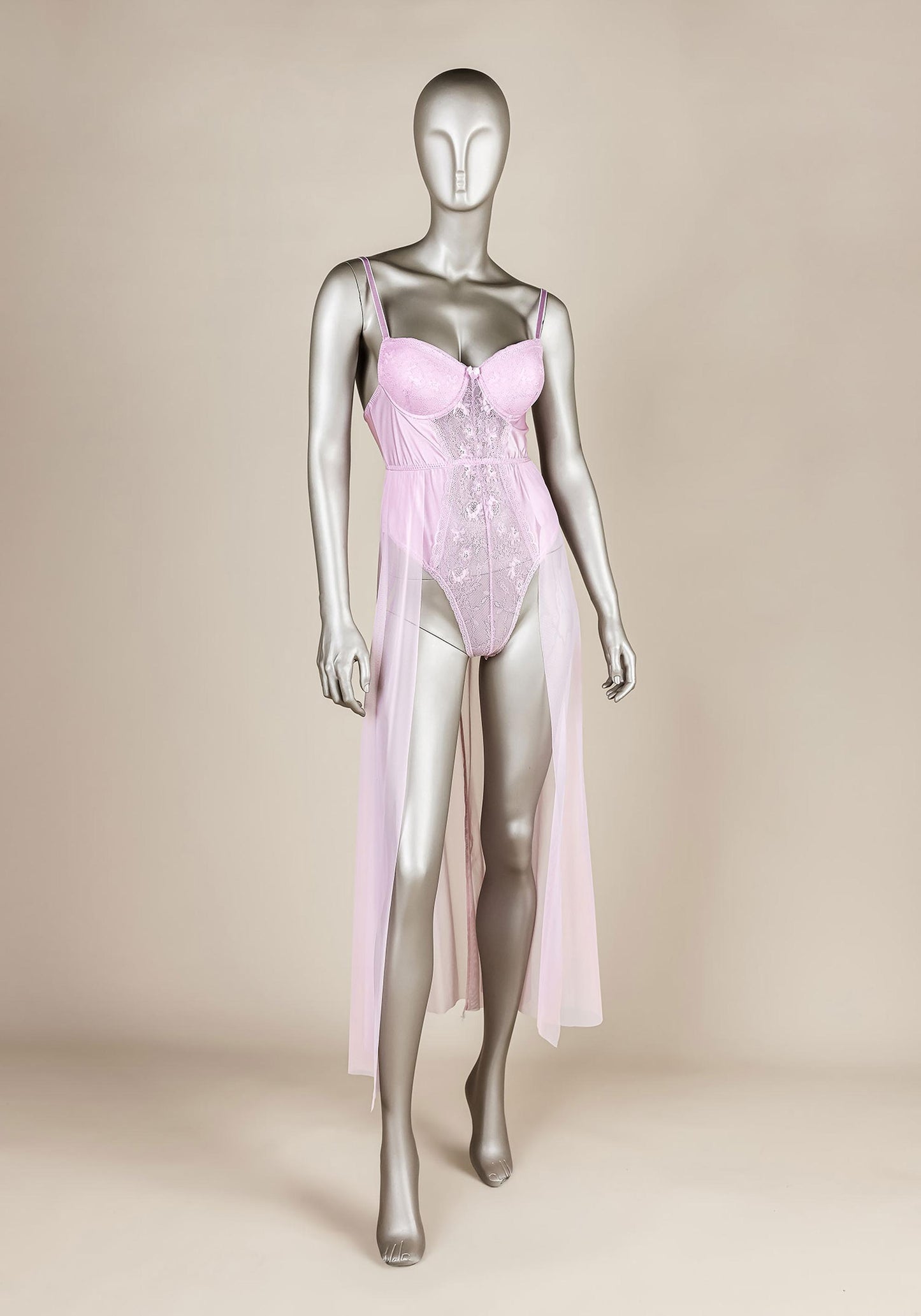 Bodysuit Long Gown: Underwire Lace Bra Bodysuit With Long Chiffon Open Front Nighty