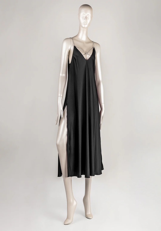 Lingerie Long Gown: Shoulder Stras Strap Satin Plain Long Nighty With Two Side Openings