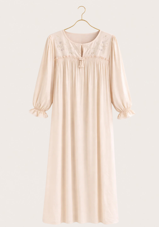 Woven Viscose Long Sleeves Long Nighty With Embroidery Detail