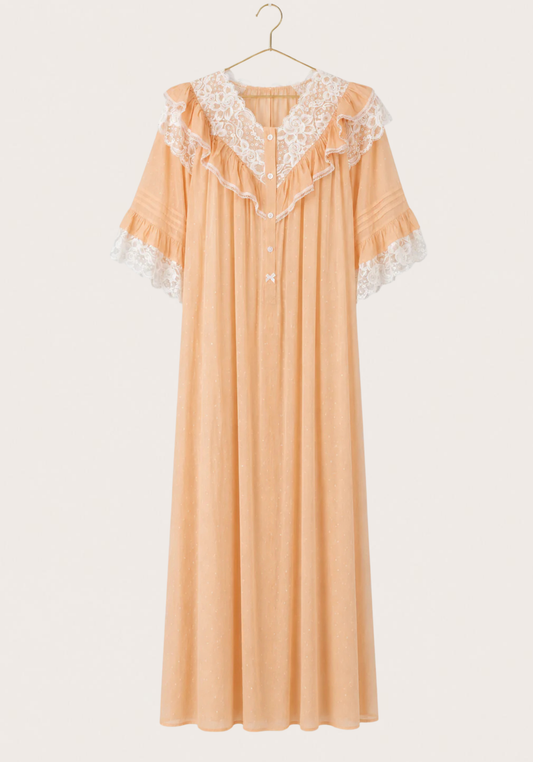 Woven Viscose Long Sleeves V-Neck Long Nighty With Front Buttons And Lace Detail