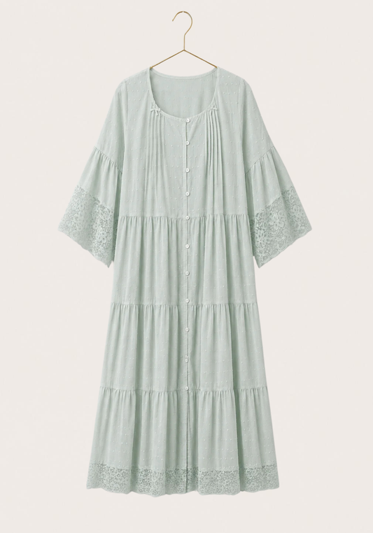Woven Viscose Long Sleeves Midi Nighty With Front Buttons And Lace Detail