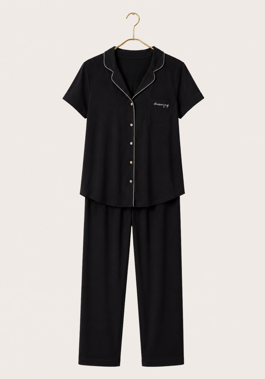 Viscose Lycra Collar Button Short Sleeve Top And Pant Set