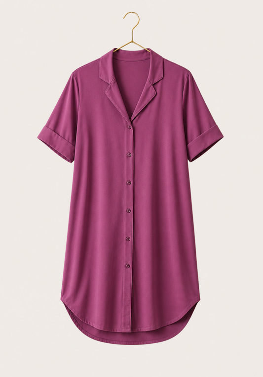 Modal Nighty: Collar Button Long Sleeves Short Nighty