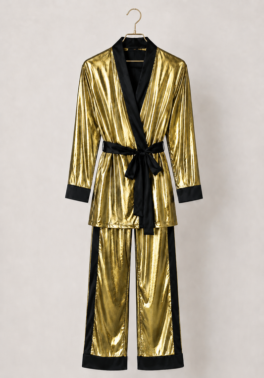 3 Pieces Pajamas: Disko Long Sleeves Short Robe And Pants And Satin Crop Tank Top