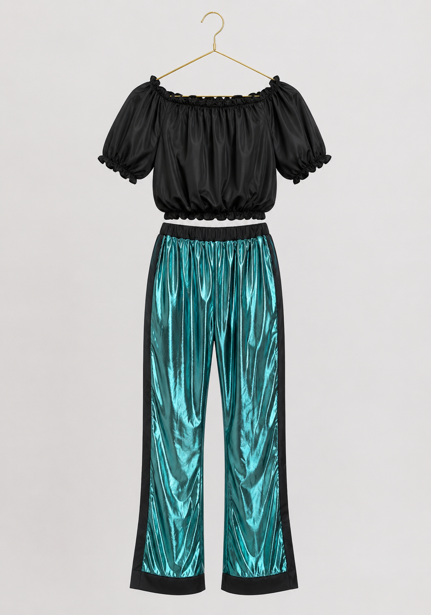 3 Pieces Pajamas: Disko Long Sleeves Short Robe And Pants And Satin Crop Tank Top
