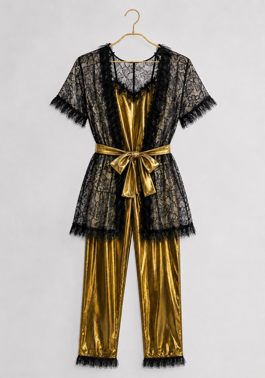 3 Pieces Pajamas: Disko Shoulder Strap Top And Pants And Full Dantel Short Sleeves Short Robe