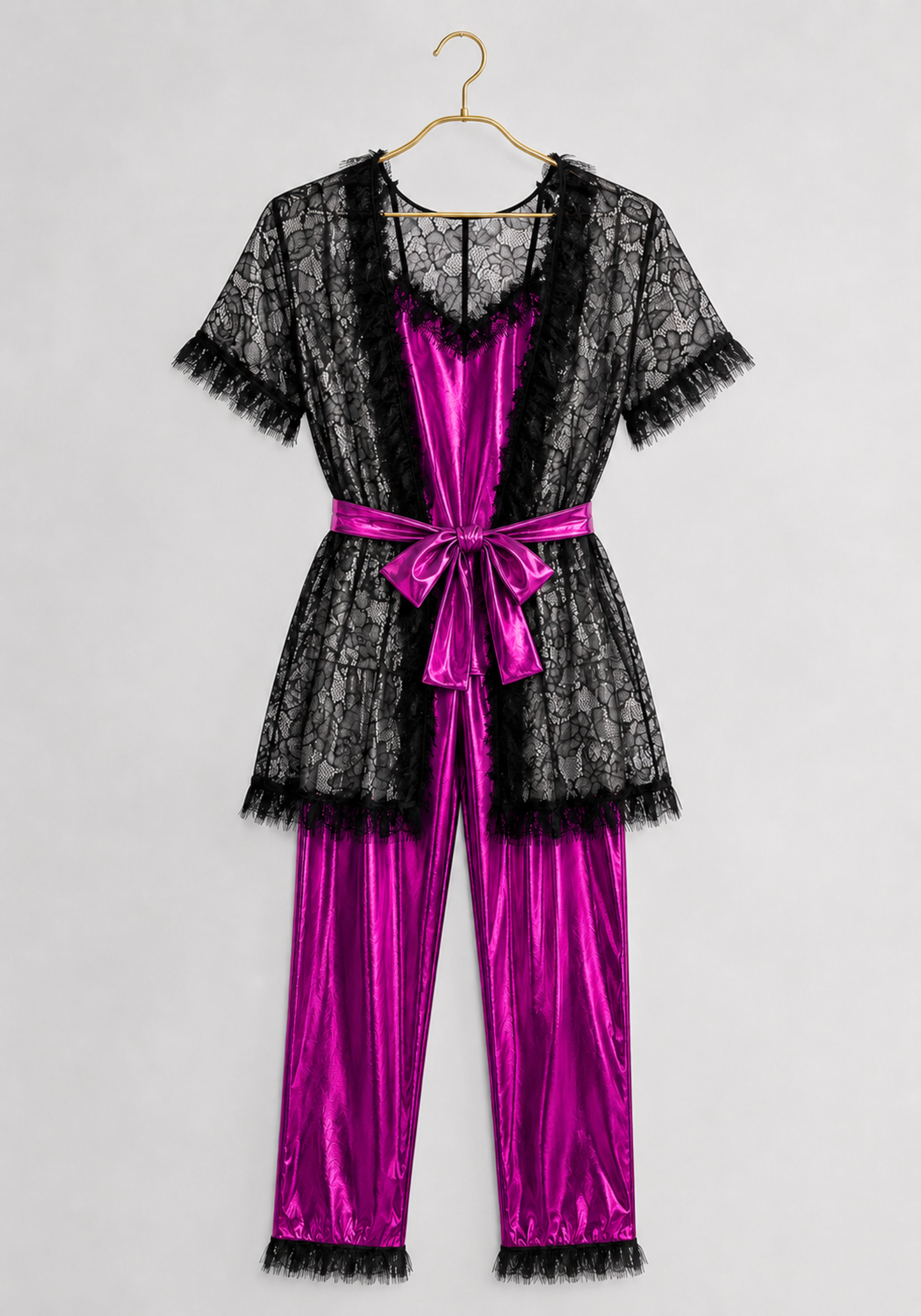 3 Pieces Pajamas: Disko Shoulder Strap Top And Pants And Full Dantel Short Sleeves Short Robe