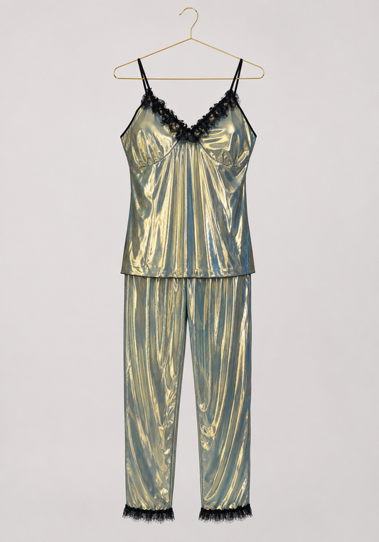 3 Pieces Pajamas: Disko Shoulder Strap Top And Pants And Full Dantel Short Sleeves Short Robe