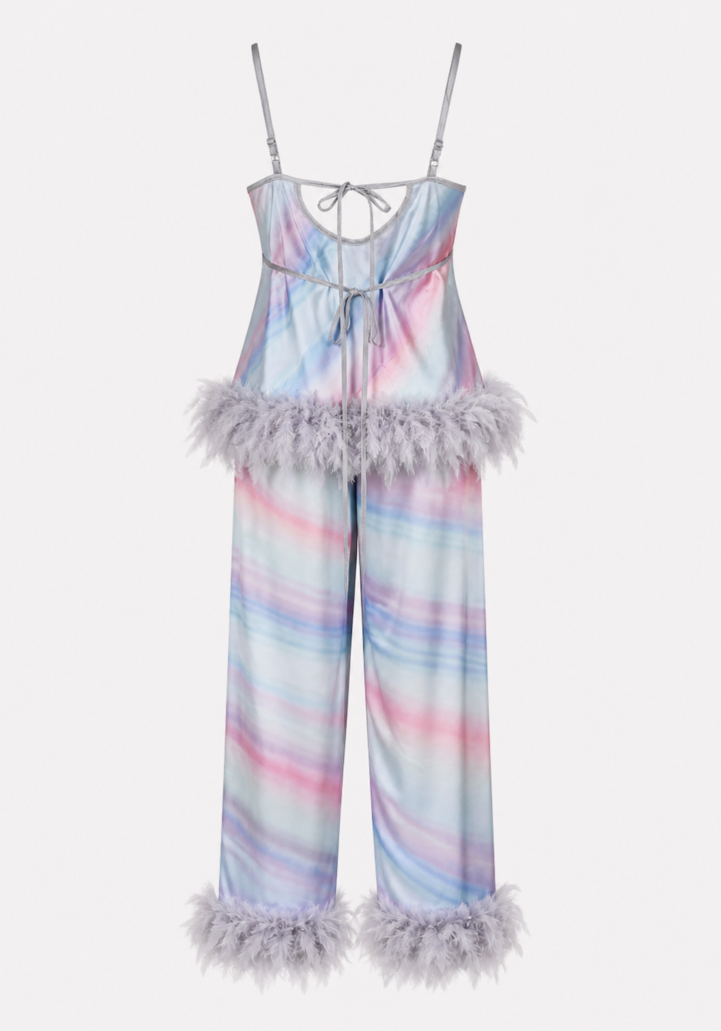 Pajamas: Shoulder Strap Printed Satin Top And Pants With Furr At The Bottom
