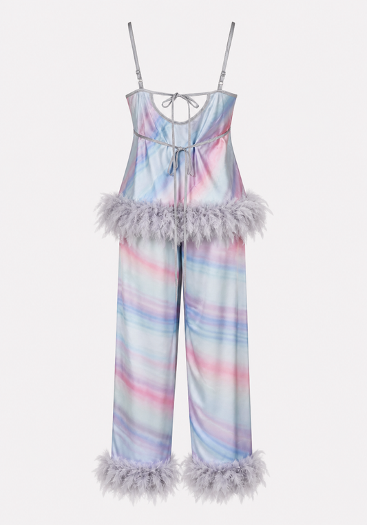 Pajamas: Shoulder Strap Printed Satin Top And Pants With Furr At The Bottom