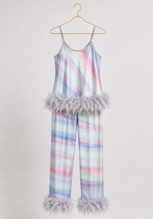 Pajamas: Shoulder Strap Printed Satin Top And Pants With Furr At The Bottom