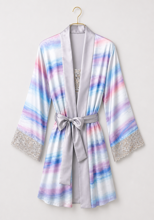 Short Robe Set: Plain Satin Shoulder Strap Babydoll And Printed Satin Long Sleeves Short Robe Both With Lace Detail