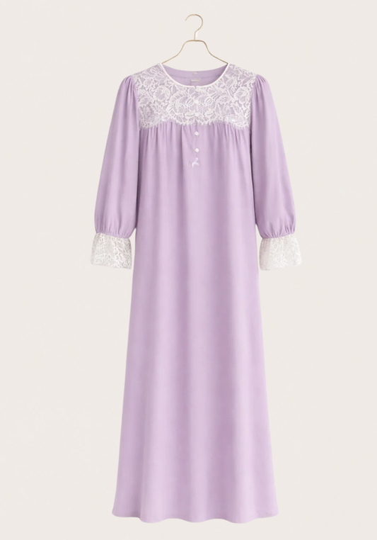 Woven Viscose Long Sleeves Long Nighty With Dantel In The Front & Sleeves With Buttons