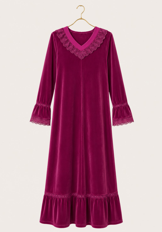Velour Long Gown With Lace