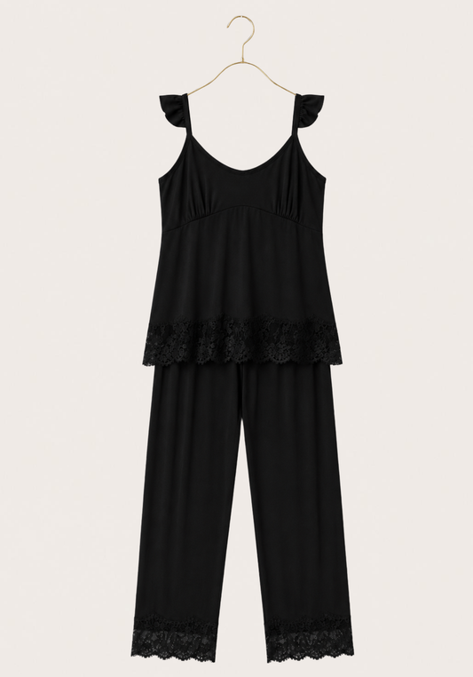 Modal Pajama: Furfur Shoulder Strap Top With Lace Detail And Pant With Lace Detail