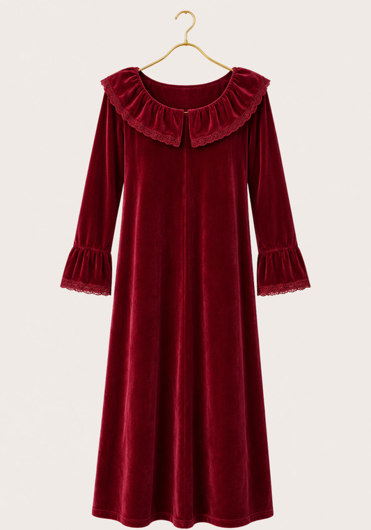 Velour Long Gown With Lace