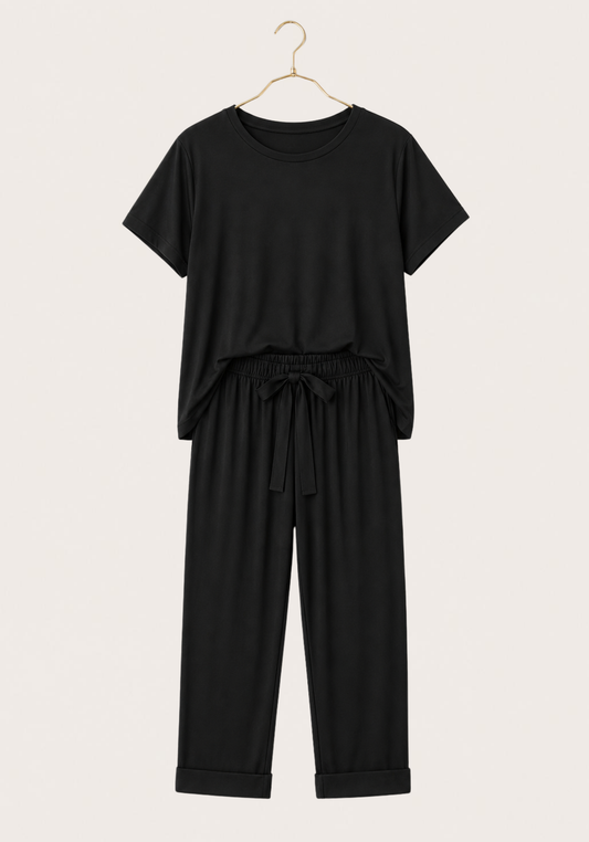 Modal Pajama: Short Sleeves Top And Pants With Lace Details
