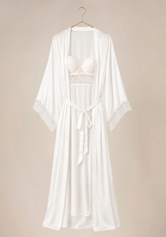 Bridal Long Robe Set: Shoulder Strap Padded Bra Long Gown And Long Robe With Lace Detail