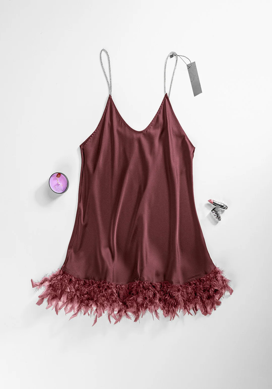 Lingerie Babydoll: Shoulder Stras Strap Satin Plain Babydoll With Furr Around The Bottom