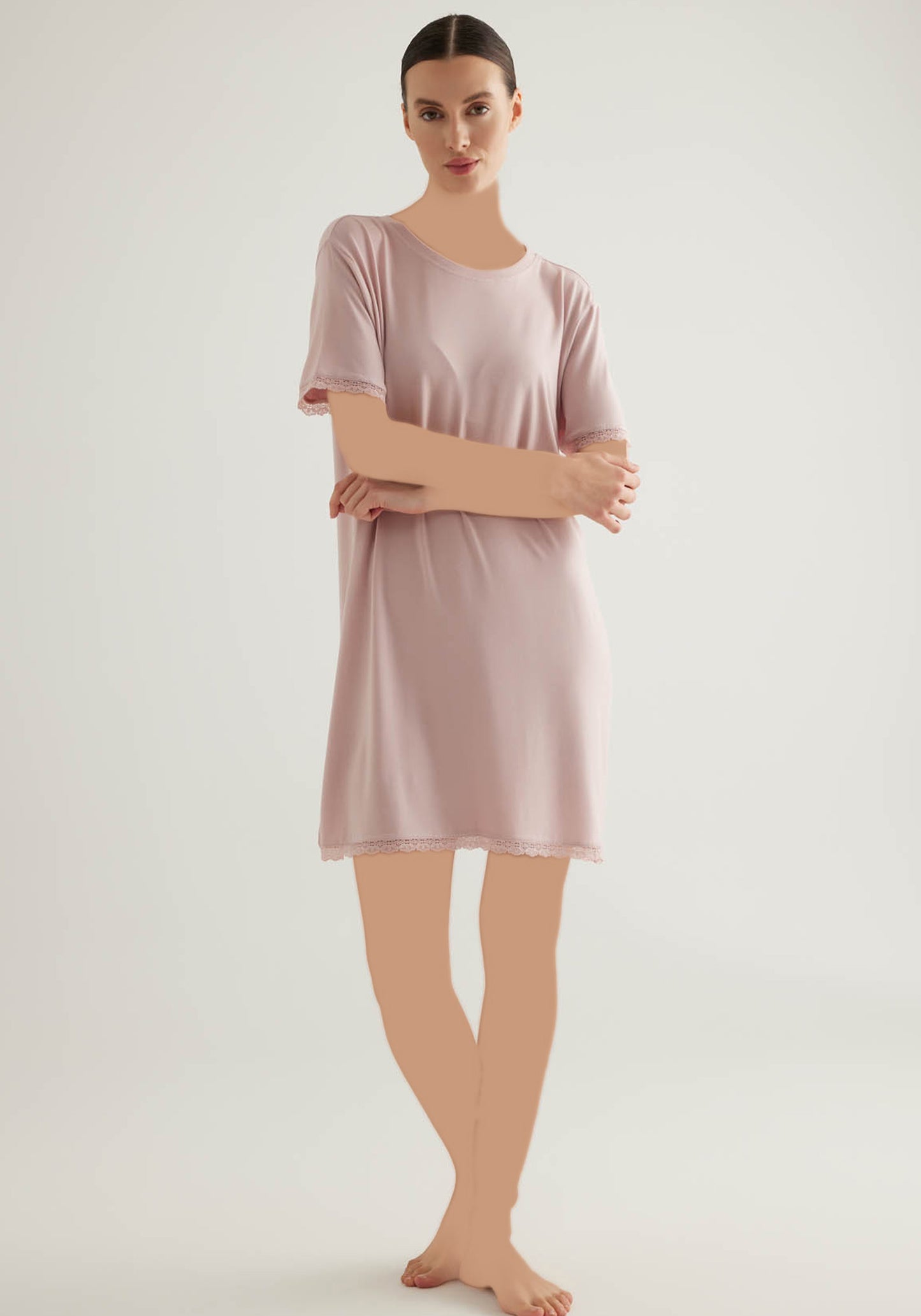 Viscose Lycra Short Sleeve Lace Detailed Nightgown