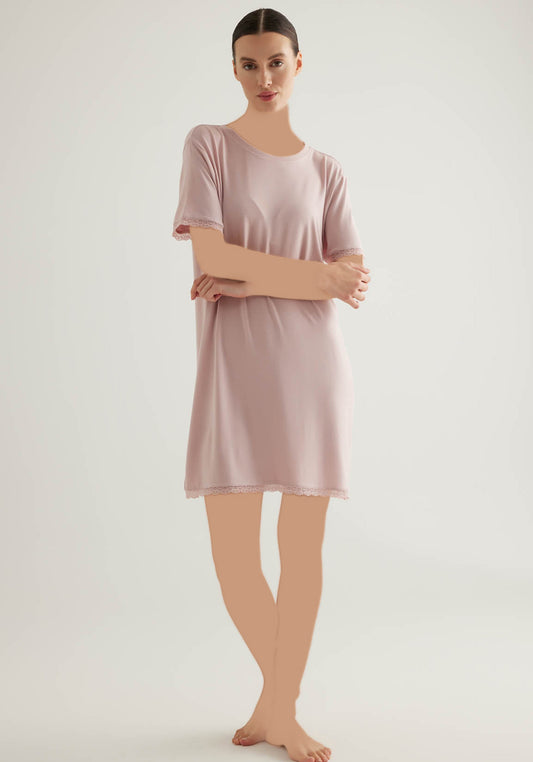 Viscose Lycra Short Sleeve Lace Detailed Nightgown