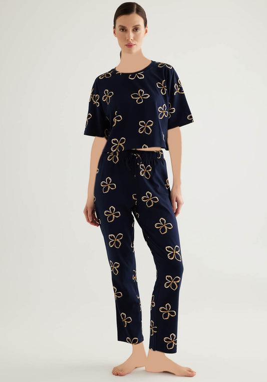 Cotton Short Sleeve Top And Long Pant Set