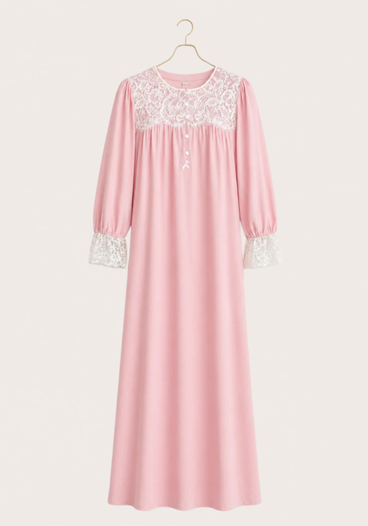 Woven Viscose Long Sleeves Long Nighty With Dantel In The Front & Sleeves With Buttons