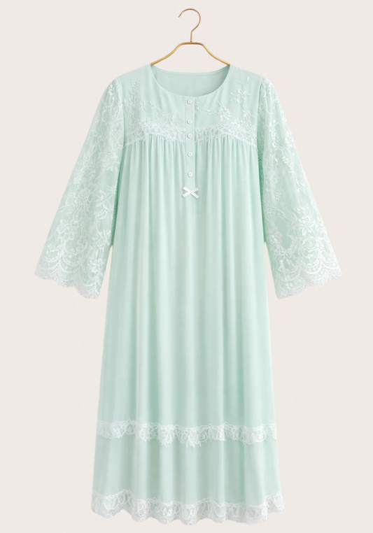 Woven Viscose Long Sleeves Long Nighty With Dantel In The Front & Sleeves With Buttons