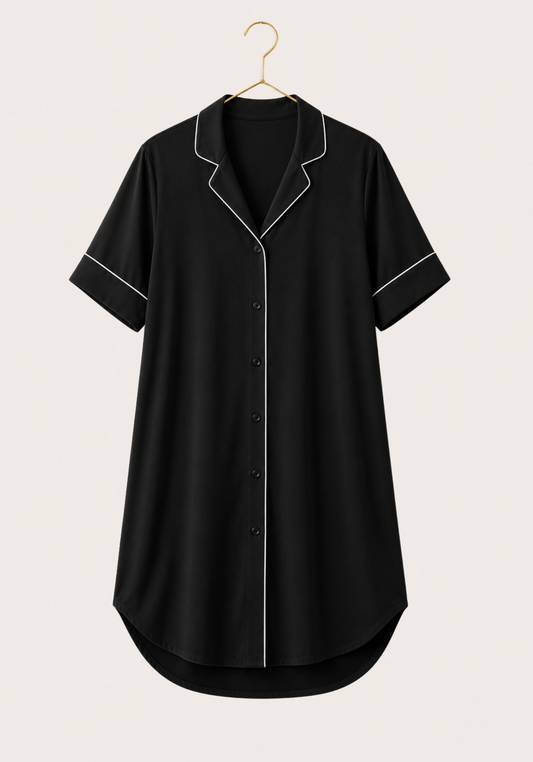 Modal Nighty: Collar Button Long Sleeves Short Nighty