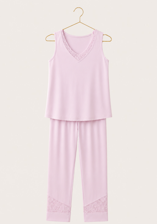 Modal Pajama: Sleeveless Top And Bermuda Pants With Lace Details