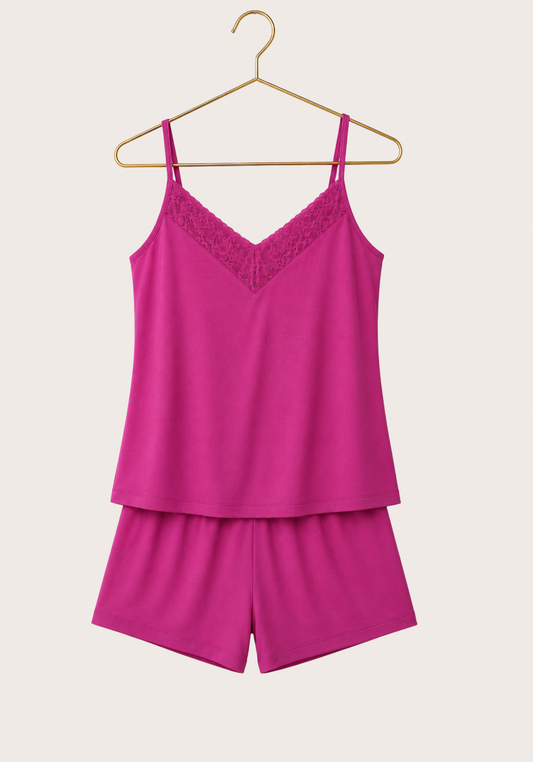 Modal Short Set: Shoulder Strap Top With Lace Detail And Shorts