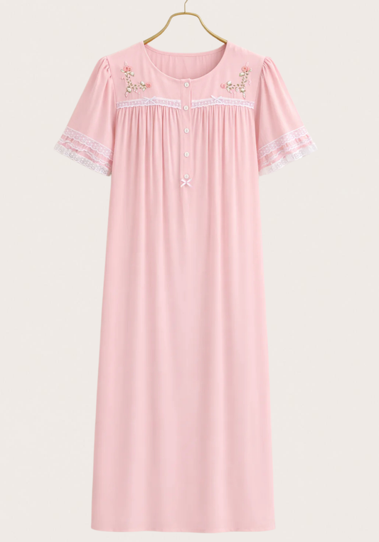 Woven Viscose Short Sleeves Long Nighty With Floral Embroidery With Front Buttons