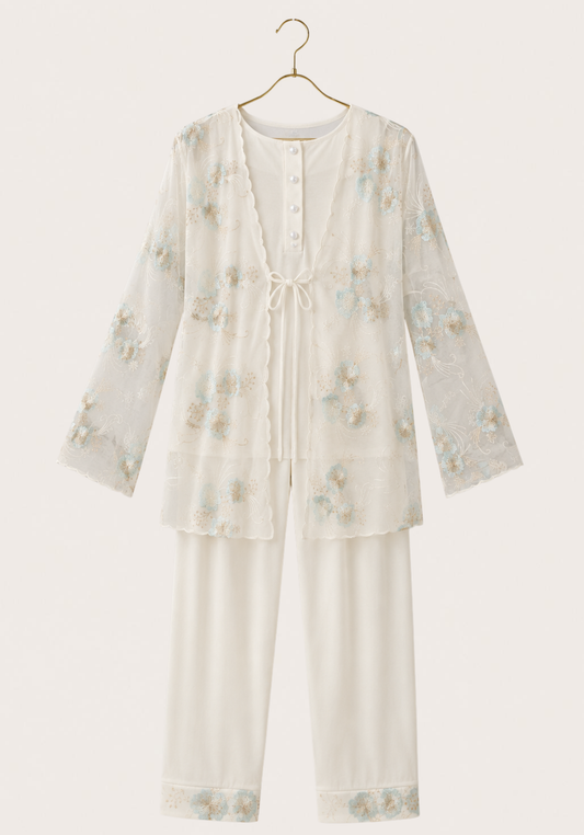 Maternal 3-Pieces Pajamas: Long Sleeve Buttoned Top And Pants And Long Sleeve Organza Robe