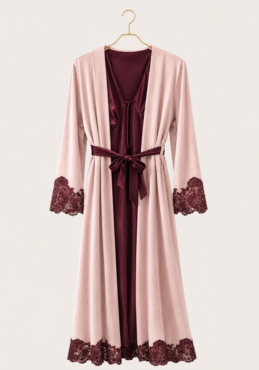 Velour Satin Robe Set: Velour Long Sleeve Long Robe And Satin Long Nighty