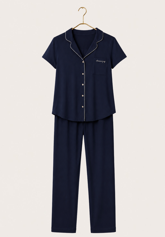 Viscose Lycra Collar Button Short Sleeve Top And Pant Set