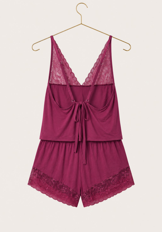 Modal Short Set: Shoulder Strap Top With Lace Detail And Shorts