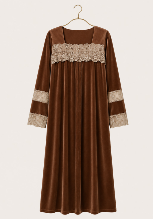 Velour Long Gown With Lace