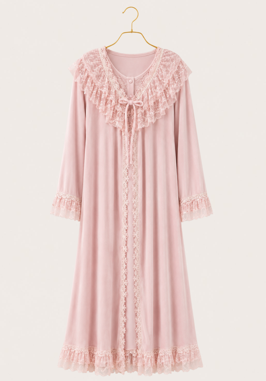 Velour Long Robe Set: Long Sleeve Long Robe And Sleeveless Nighty