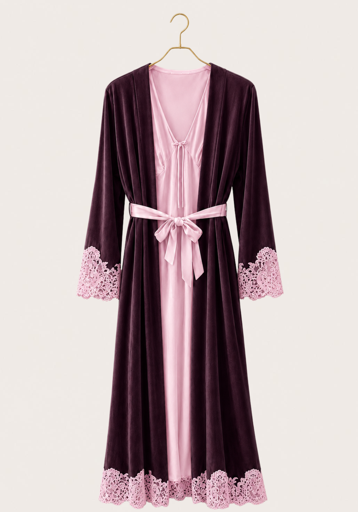 Velour Satin Robe Set: Velour Long Sleeve Long Robe And Satin Long Nighty