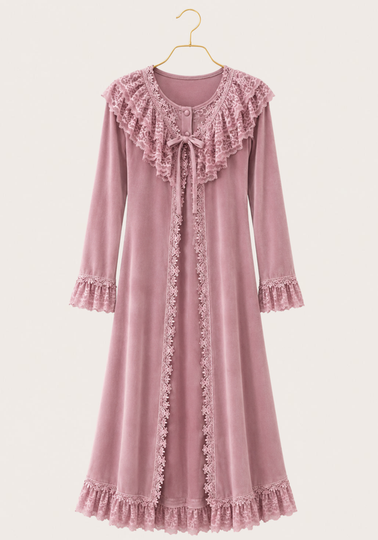 Velour Long Robe Set: Long Sleeve Long Robe And Sleeveless Nighty