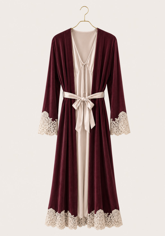 Velour Satin Robe Set: Velour Long Sleeve Long Robe And Satin Long Nighty
