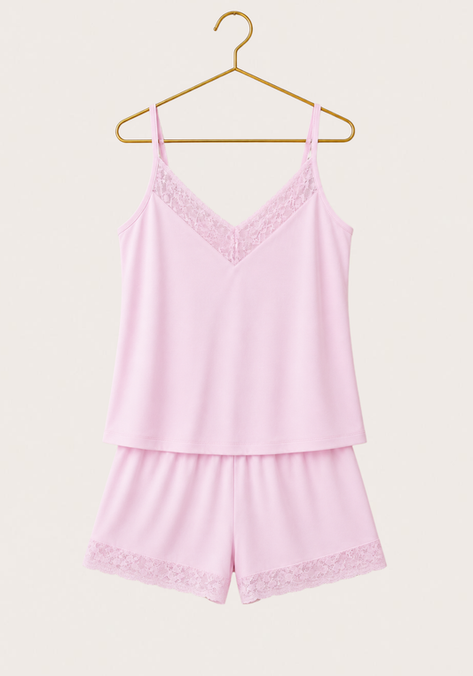 Modal Short Set: Shoulder Strap Top With Lace Detail And Shorts